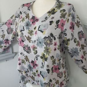 Click Gray Linen Floral Print Layered Hi Lo Bohemian Coastal Beach Cotton XXL